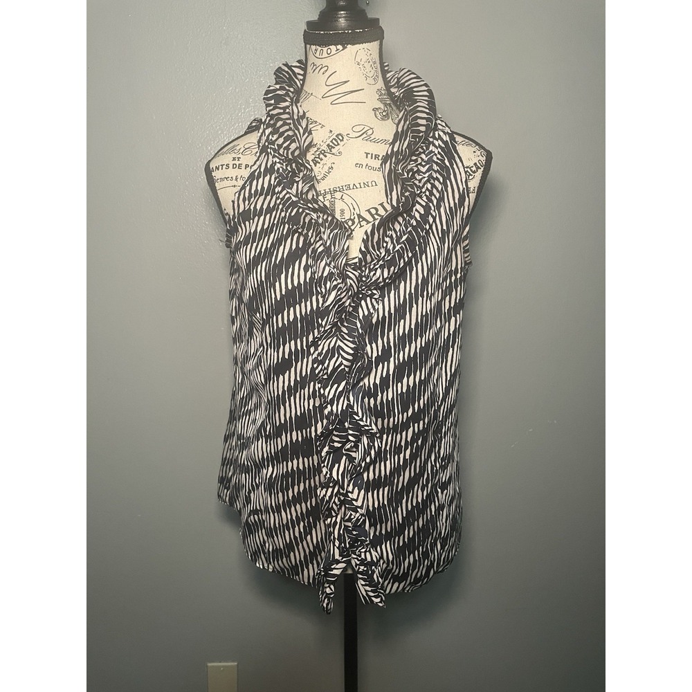 Ann Klein Navy And White Ruffle Button Down Blouse Size Medium